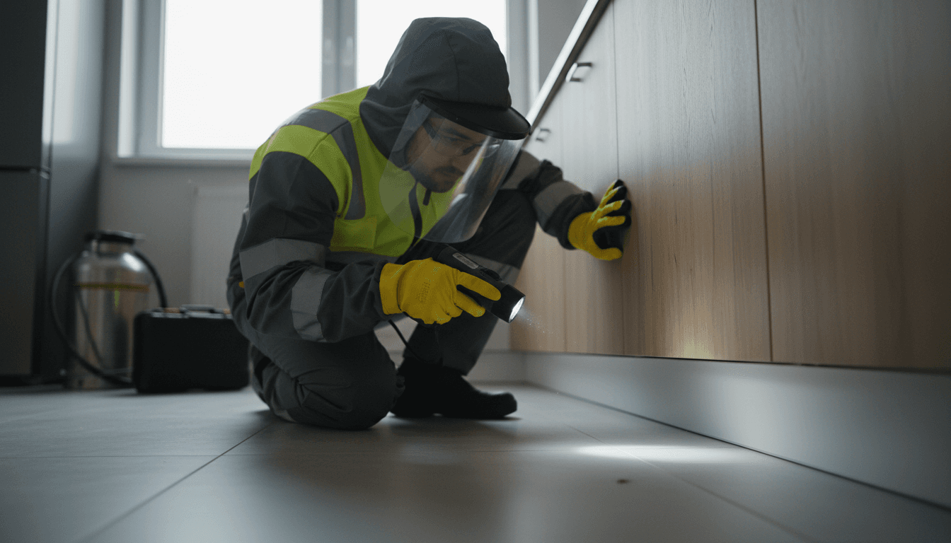 Professional pest control technician conducting detailed property inspection